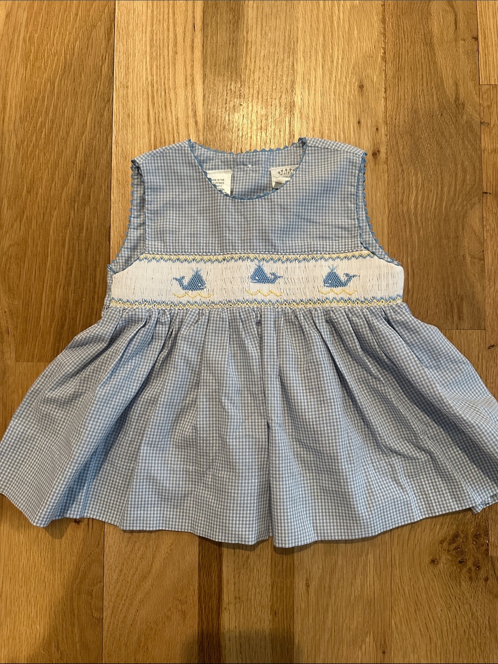 Light Blue Gingham Smocked Kids Dress with Whale Motif